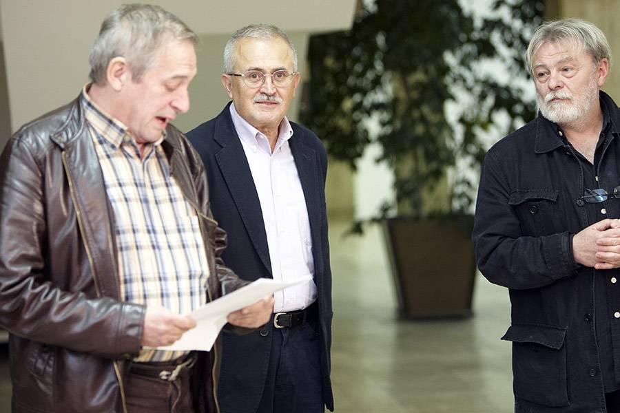 Banga Ferenc és Parti Nagy Lajos a színházban fotó: Mészáros Zsolt